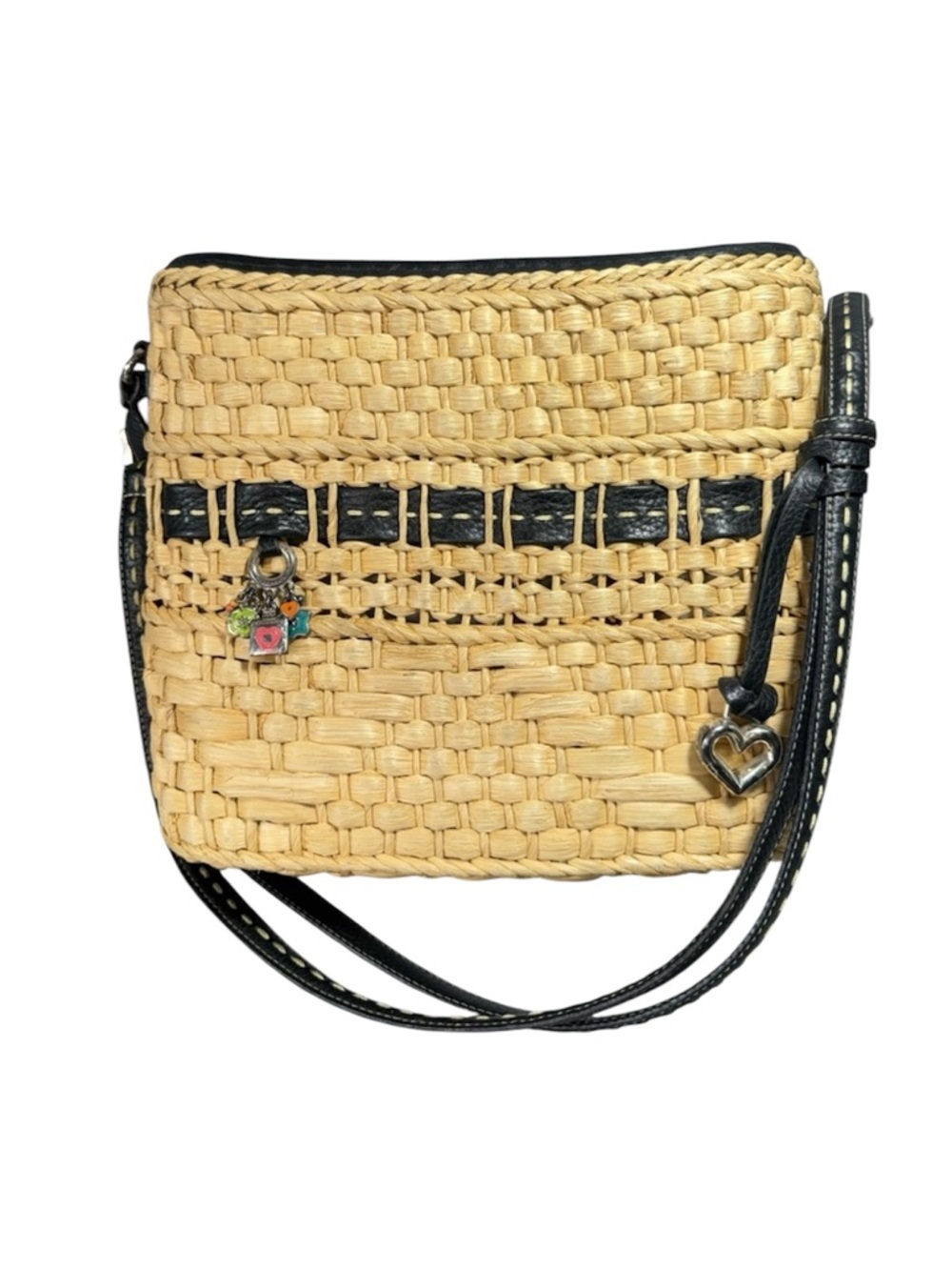 BRIGHTON Woven Straw Bucket Bag with Black Trim and Charms